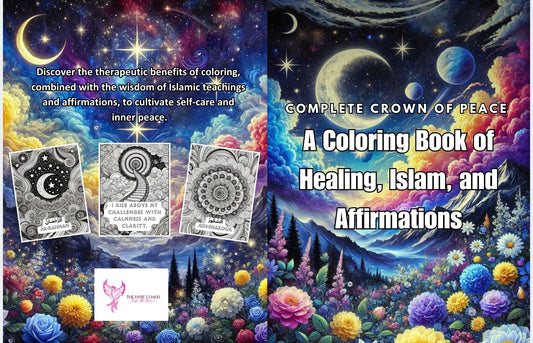 Coloring book with moon and flowers garden and preview pages of the book