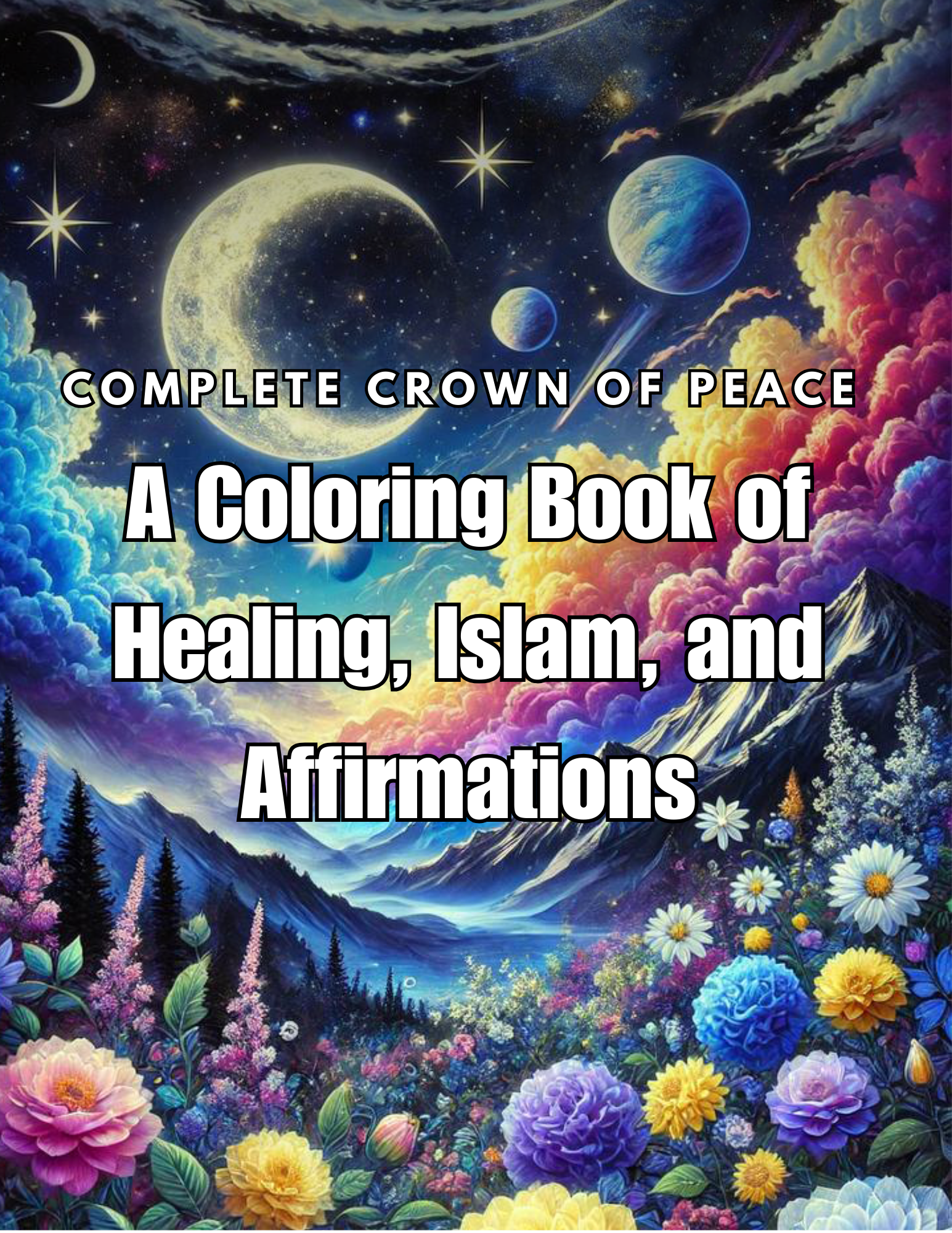 Coloring book with moon and flowers garden